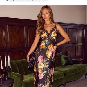 Vici Black Floral Satin Lace-Trim Maxi Dress